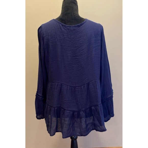 Zac & Rachel Blouse Size ? Large Navy Boho Lace Trim Peasant Top Hippie 70’s - Picture 6 of 11